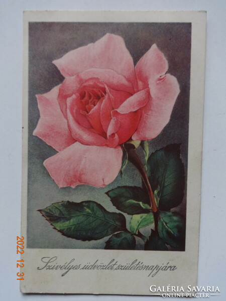 Old floral birthday greeting card, rose thread