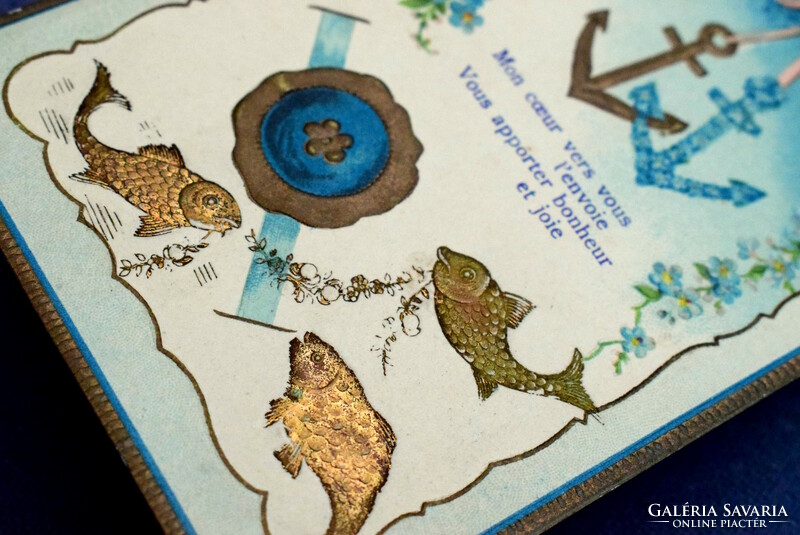 Antique embossed greeting card goldfish seal anchor forget-me-not