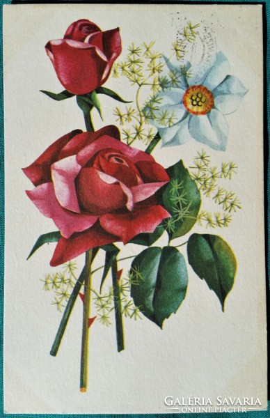 Virágos képeslap, rajz: D. Izsák Magda, 1967, futott