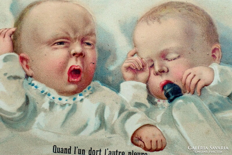 Antik dombornyomott  litho üdvözlő képeslap cumisüveggel babák