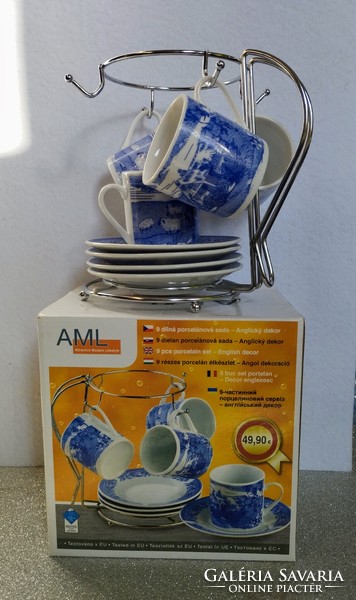 AML angol mintás Cseh porcelán kávéskészlet fém tartóval (dobozos)