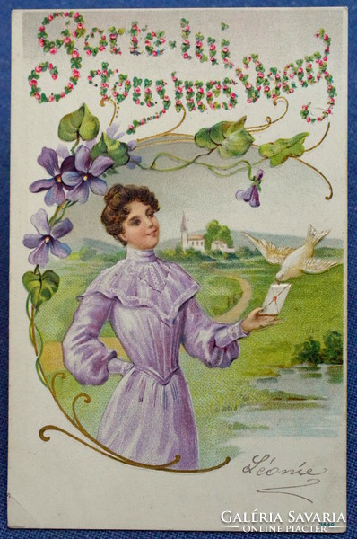 Antique art nouveau embossed greeting card lady with letter dove violet