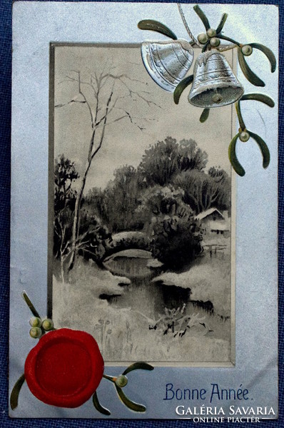 Antik dombornyomott Újévi  üdvözlő képeslap téli tájkép ezüst keretben harangok pecsét