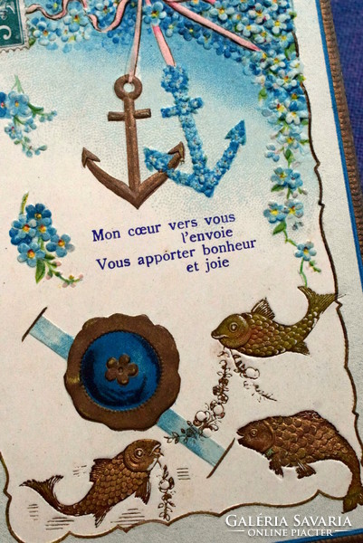 Antique embossed greeting card goldfish seal anchor forget-me-not