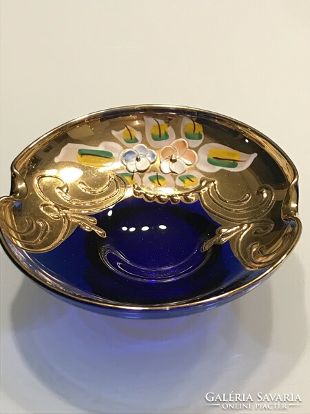 Cobalt blue Czech glass ashtray or ring tray with porcelain flowers, rich gilding