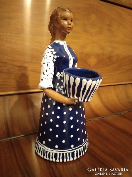 Vintage ceramic female figure in blue and white dress (candle holder)