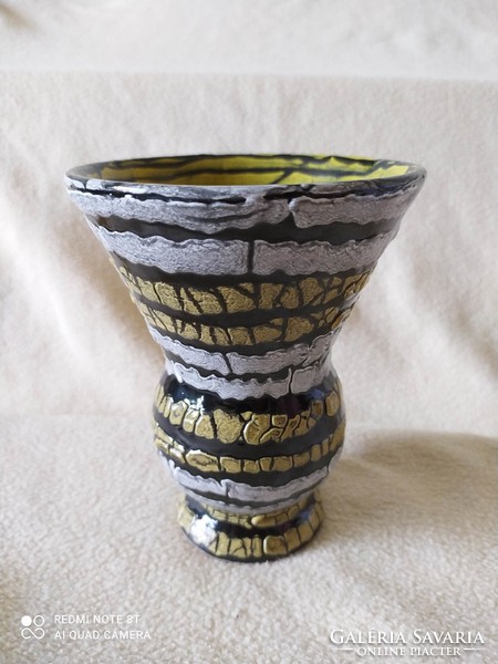 Gorka: ceramic vase, with cracked glaze, striped decor, flawless, marked, 15 cm