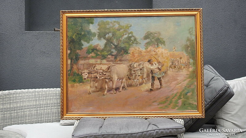 Károly Cserna (1867 - 1944) - the work of a famous Hungarian painter. Cows on the road. Original, marked.