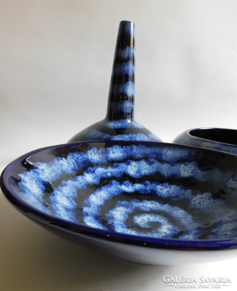 Retro ceramic family - indigo blue space age vase and two bowls