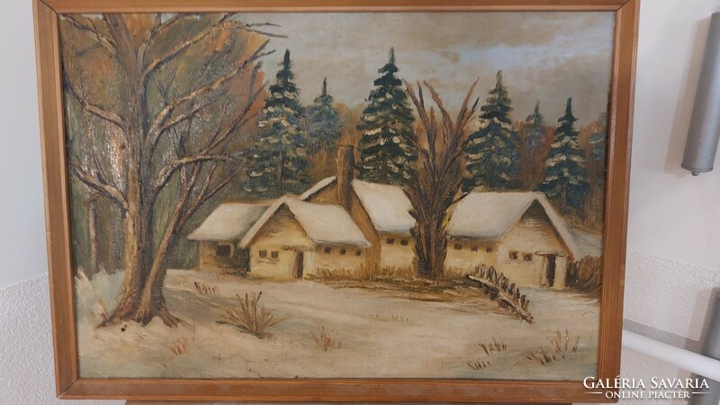 (K) beautiful winter landscape painting with farm 62x43 cm frame
