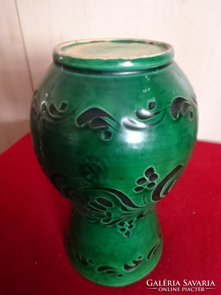 Mezőkövesdi, zöld, mázas kerámia váza, magassága 20 cm. Jókai.
