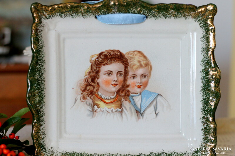 Antique faience wall plate, wall bowl, child portrait, boy and girl couple portrait
