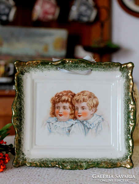 Antique faience wall plate, wall bowl, small child portrait, little boy and girl couple portrait