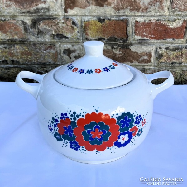 Alföldi Bella Menzamintás piros - kék virágos porcelán levesestál