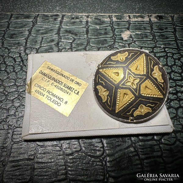 24 karát aranyozott Damascene bross, vintage damaszkén kitűző medál, Toledó spanyol ékszer pin