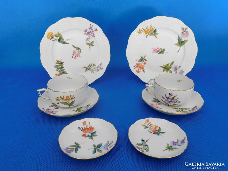 Herendi fleurs des bermudes patterned tea cup + saucer + dessert plate + bowl