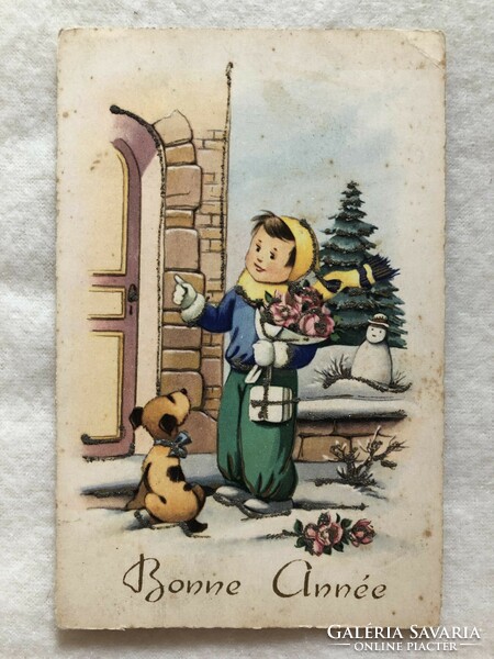 Antik, régi glitteres, grafikus Karácsonyi képeslap                   -7.