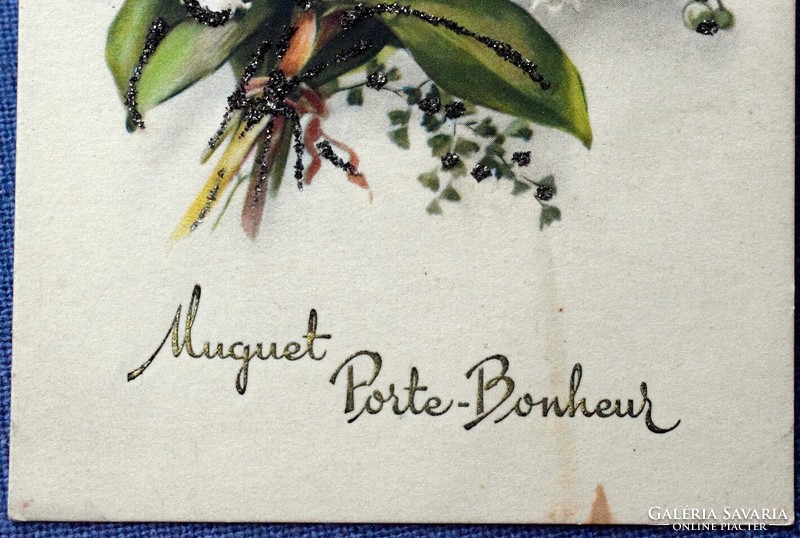 Régi glitteres üdvözlő képeslap gyöngyvirág csokor  domború betűk