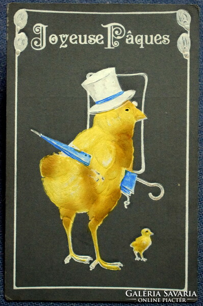 Antique embossed Easter greeting card with a chick top hat and trinkets