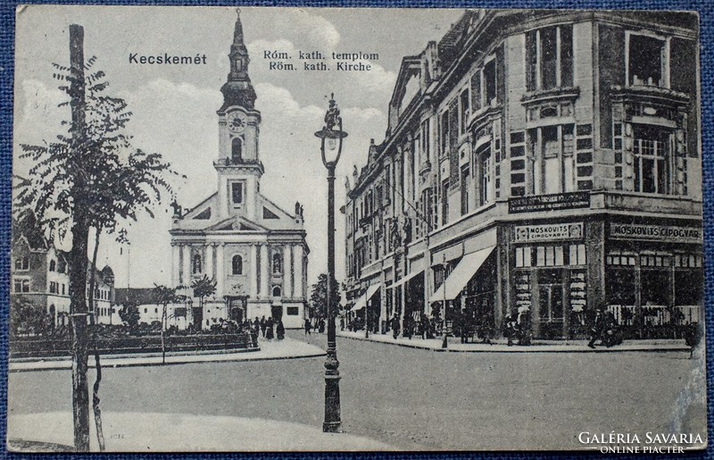 Kecskemét Roman kat church square with shops 1916 edition of black soma, Kecskemét
