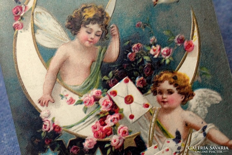 Antik dombornyomott  üdvözlő képeslap angyalkák hold arany csillag rózsa