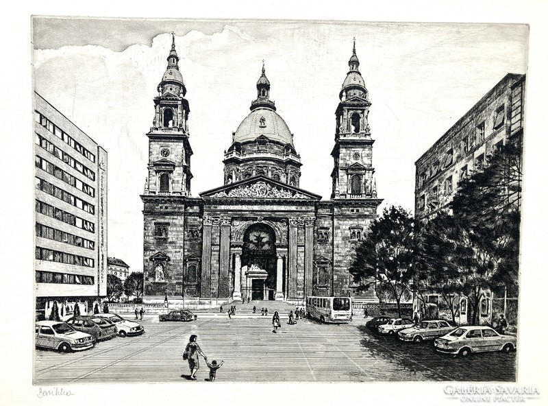 Károly Jurida (1935 - 2009): Budapest, Basilica, signed retro etching