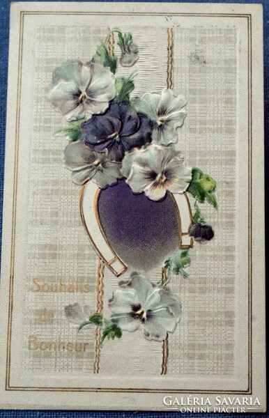 Antique embossed greeting card golden horseshoe pansy