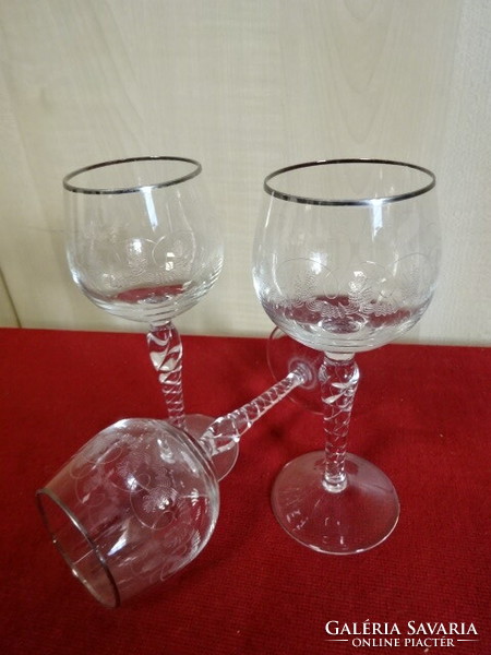 Crystal goblet with foot, twisted stem, silver edge, sold as a set of three. Jokai.