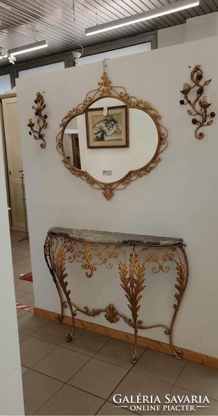 Gold mirror wall lamp console with marble top