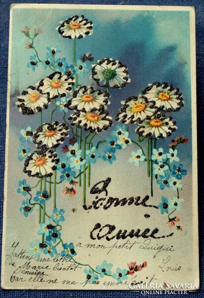 Antique glittery New Year's greeting card marguerite forget-me-not