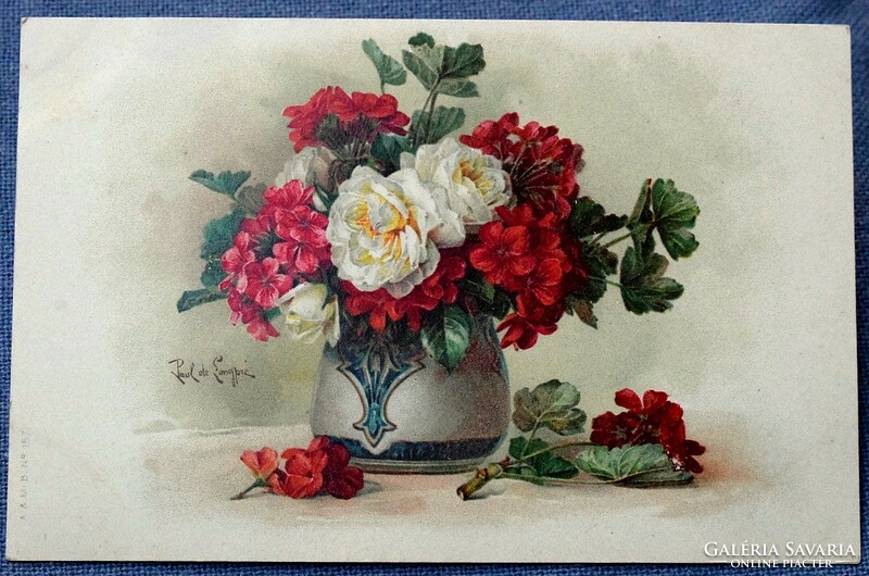 Antik művész litho képeslap muskátli rózsa vázában  csendélet
