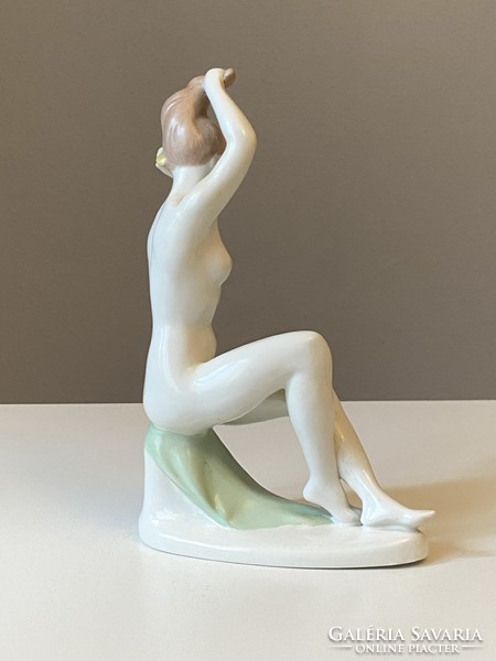 Seated female nude painted Aquincum porcelain statue 23 cm