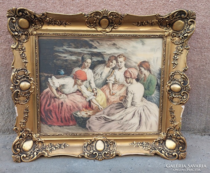 Révész Imre színes, jelzett rézkarc blondel képkeretben, 57x67 cm