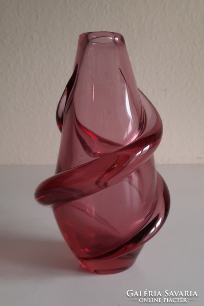 Vintage cseh fújt üveg váza üvegszál rátéttel, Frantisek Zemek, Zelezny Brod üveggyár 1950-es évek