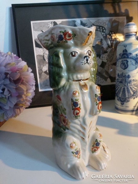 Very rare, English, dog-shaped, tall ceramic, decorated with flowers, earthenware jug 25.5 cm