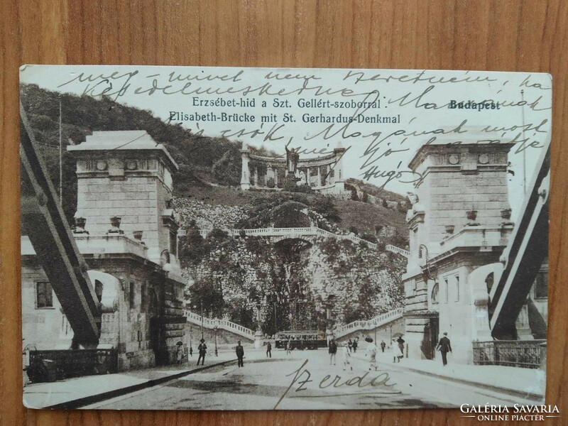 Antik képeslap,Budapest,Erzsébet-híd a Szt. Gellért szoborral, bélyegzés 1913