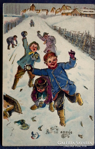 Antique embossed New Year's greeting card with snowballing children in golden boots, winter landscape