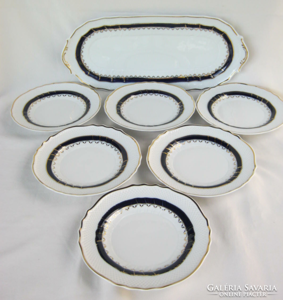 Hollóházi porcelán 6  személyes süteményes szendvicses készlet kék-arany mitával  tál +  6 db tányér