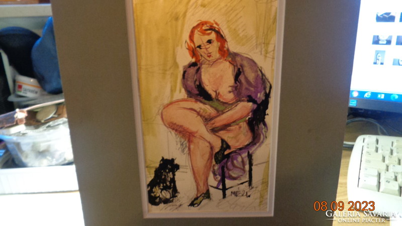 Lady with a dog, signed by Mez, from the 60s, cardboard mixed media 12 x 20 cm