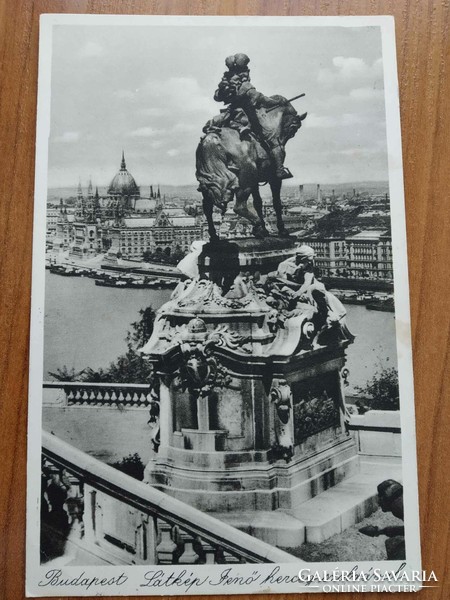 Régi képeslap,Budapest, Látkép Jenő herceg szobrával, háttérben az Országház, bélyegzés 1932