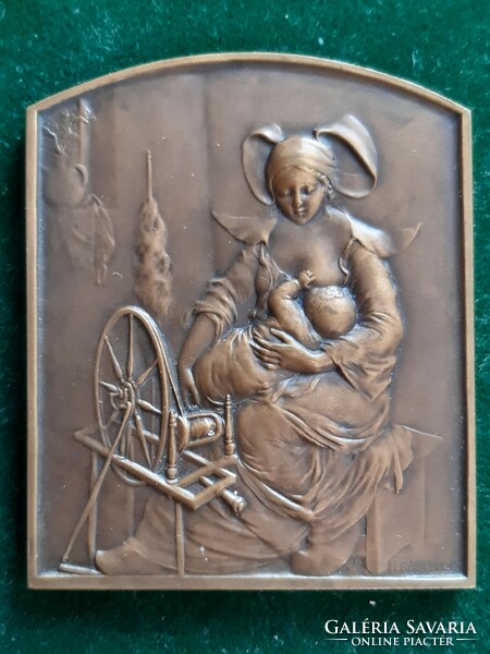 J. P. Legastelois: spinning woman with child, French plaque, art nouveau, art nouveau