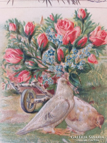 Régi képeslap madaras virágos levelezőlap fecske galamb rózsa