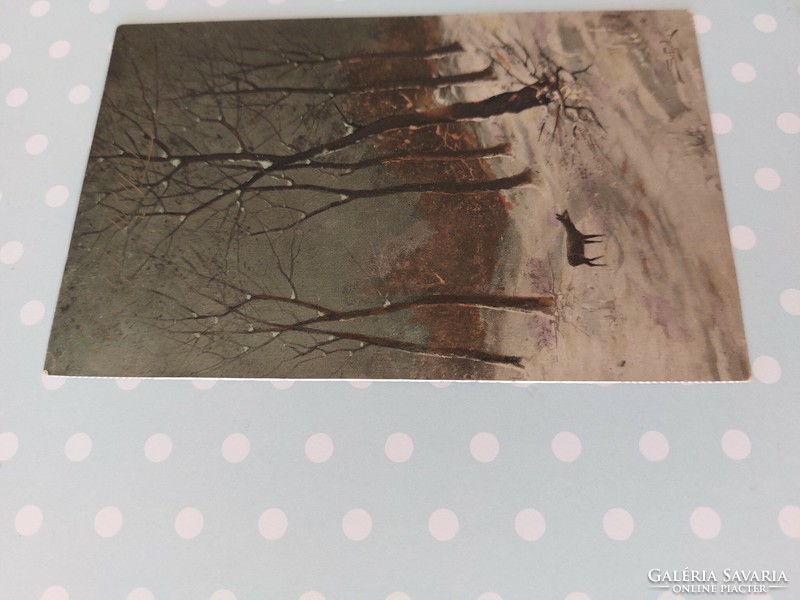 Régi képeslap ünnepi levelezőlap őzike havas erdő