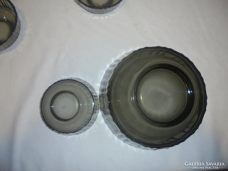 Füst színű üveg kompótos készlet - nagy tál + hat kis tálka