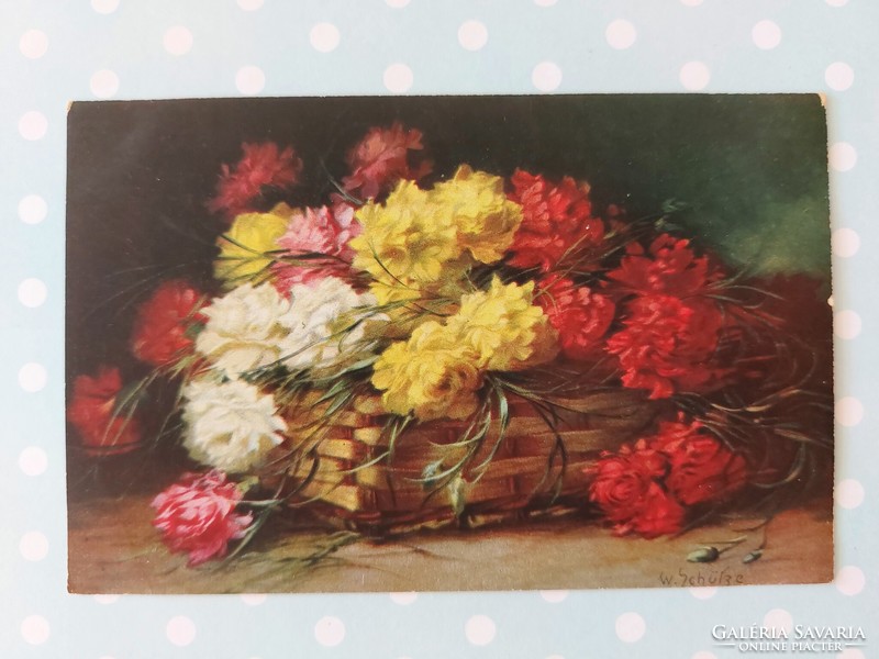 Old postcard floral postcard still life carnations in a basket