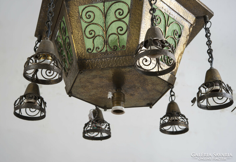 Art Nouveau style corridor chandelier with green glass insert
