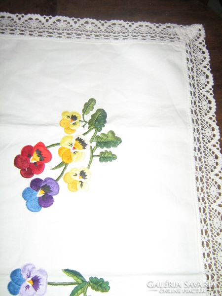 Beautiful hand-embroidered pansy needlework tablecloth