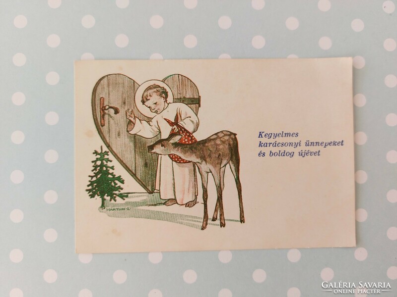 Old mini-postcard Christmas greeting card deer drawn by Márton Lajos