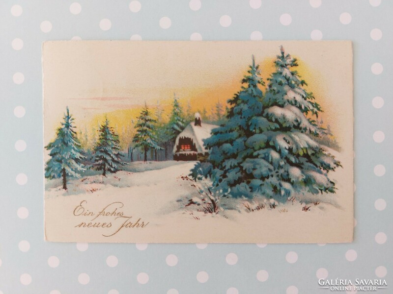 Old postcard 1928 Christmas postcard cottage snowy forest