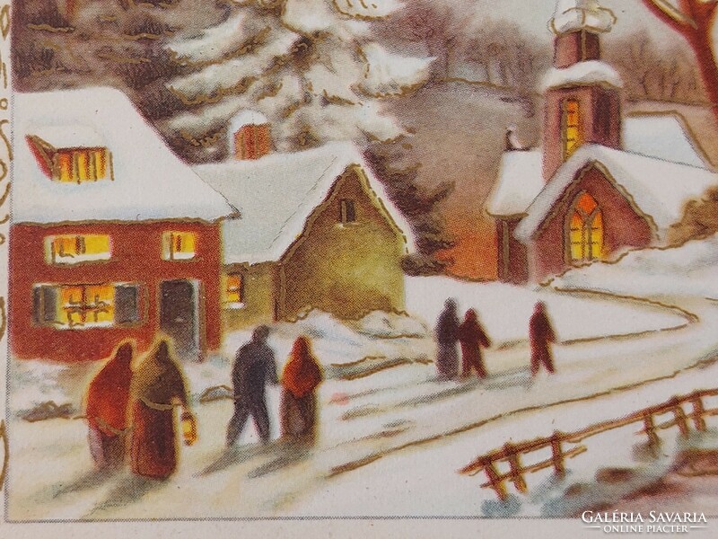 Old postcard Christmas 1955 postcard snowy landscape walk to mass
